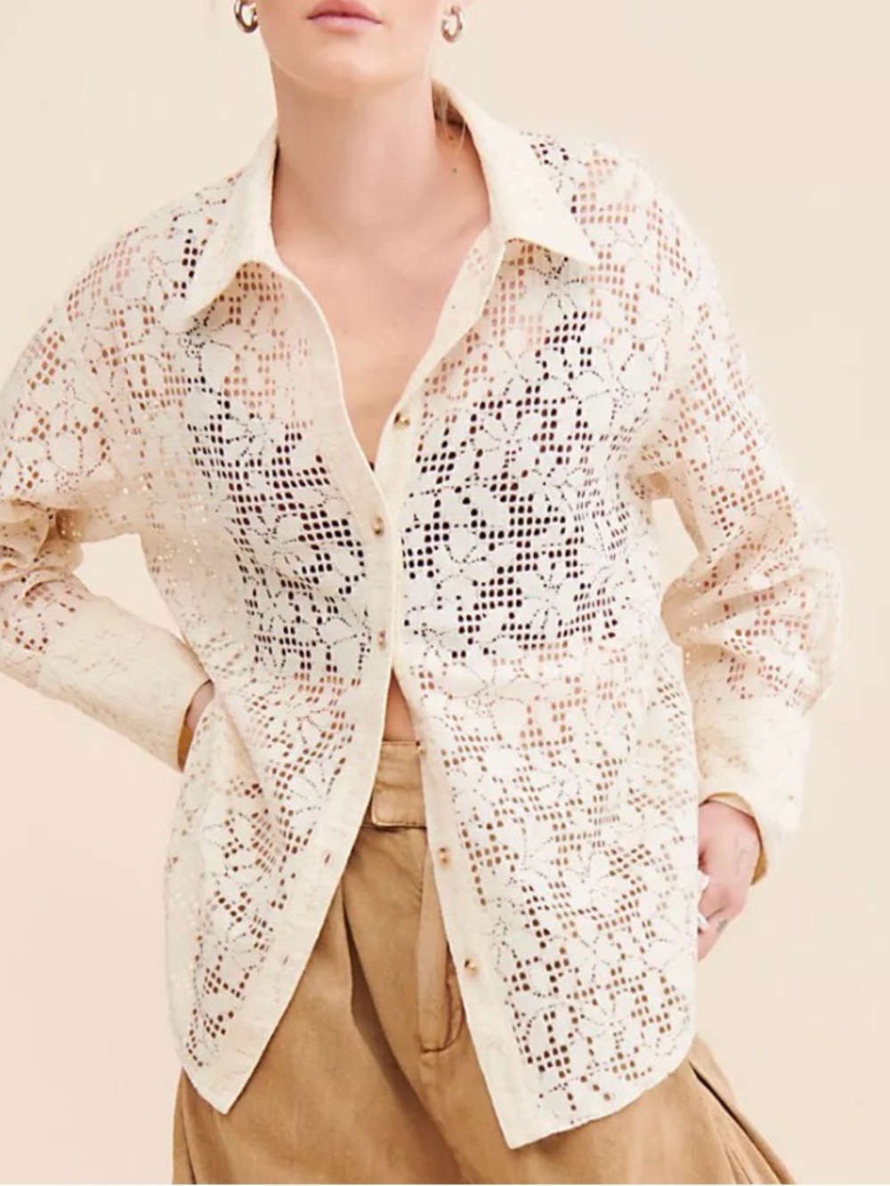 Free People Ivory Crochet Button-Down Shirt